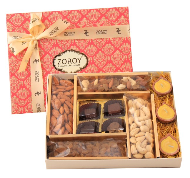 Large Combo Festive box of assorted dry fruits, chocolates and diyas